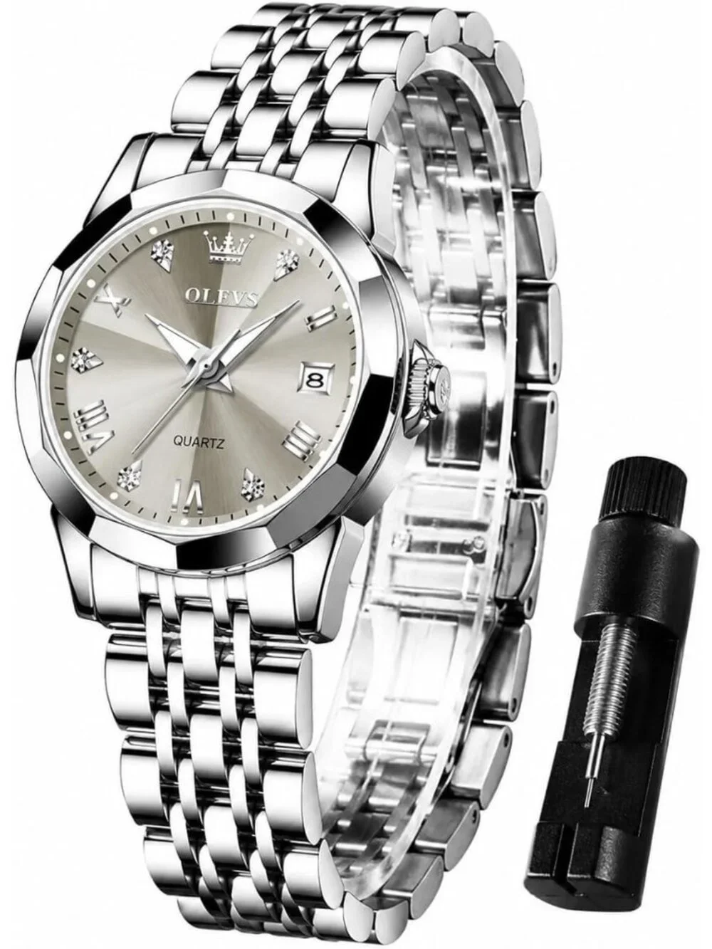 Women’s Grey White Luxury Stainless Steel Waterproof Quartz Analog Dress Watch